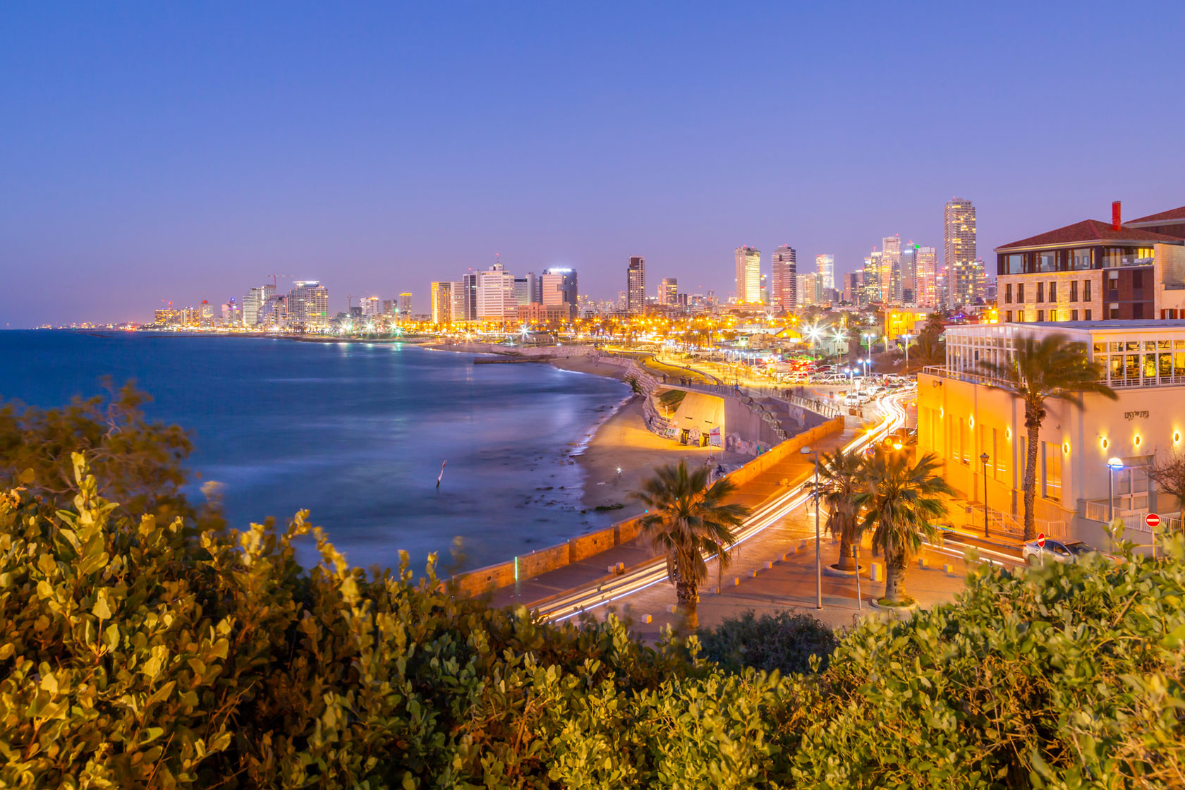 View of Tel Aviv from Jaffa Old Town at dusk