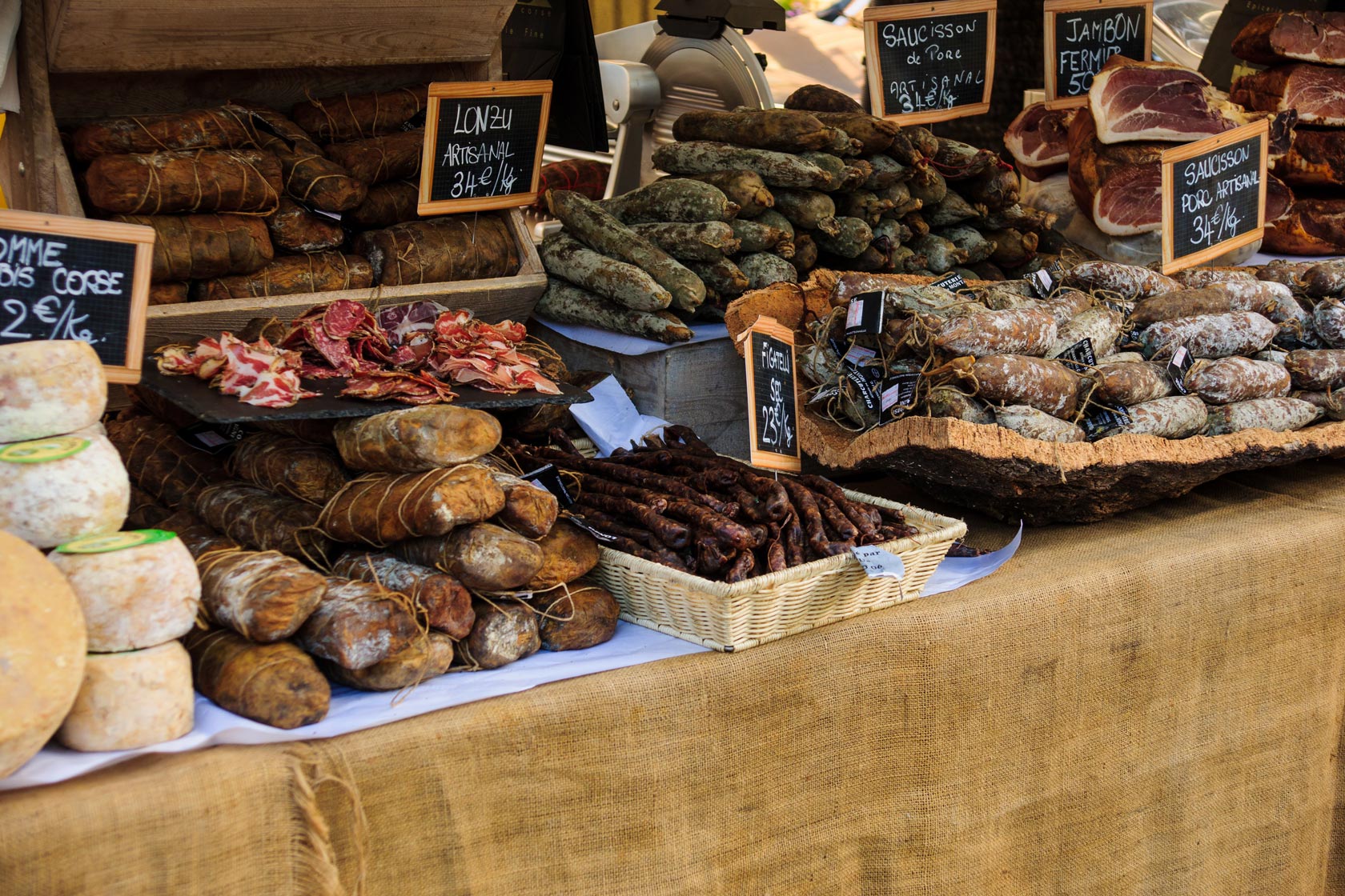 Various sausages on sale in a French market, in Ajaccio, Corsica, France