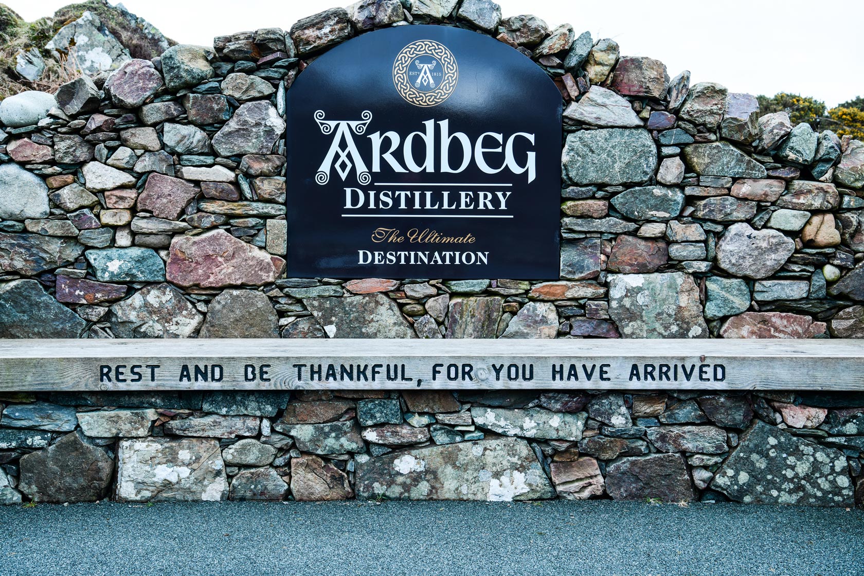 The Entrance view of the Ardbeg Distillery near Port Ellen on the isle of Islay off the west coast of Scotland.
