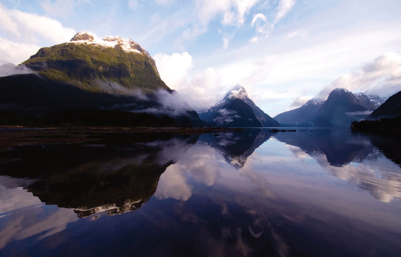 Mountains, Hills, Lake, Reflection, Mitre Peak, Milford Sound, New Zealand