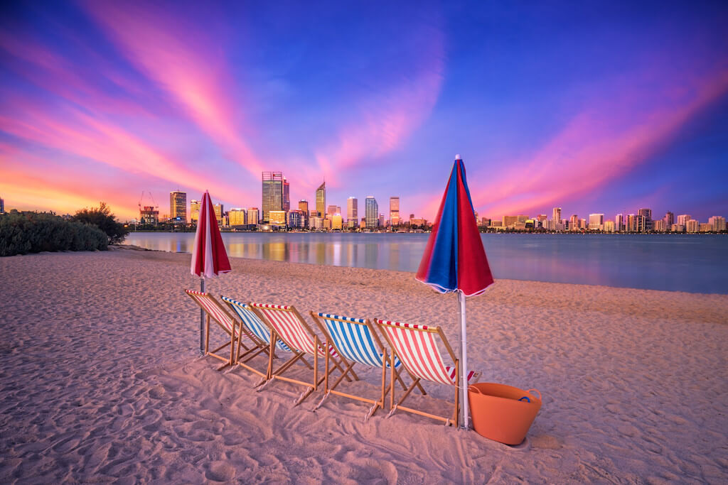 australia beach beautiful buildings cityscape deck chairs landscape metropolitan perth river sand skyline sunset tourism t