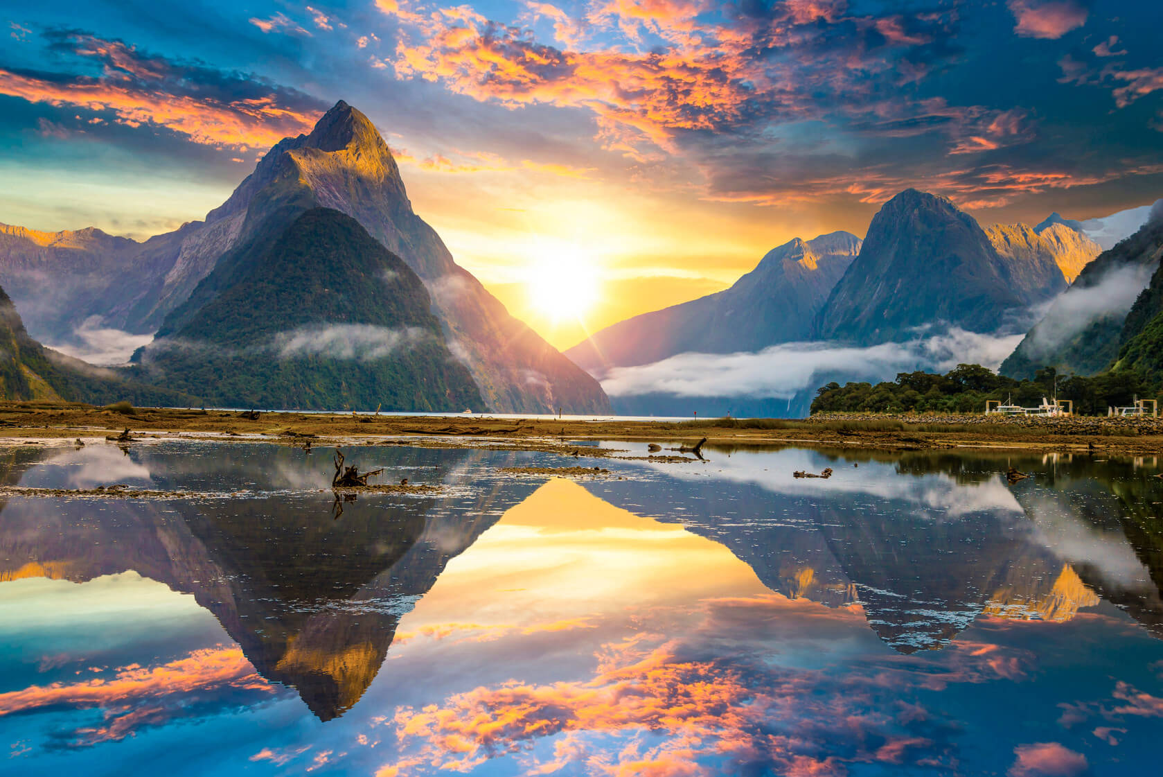 scenics, Milford Sound fiord, Fiordland national park, New Zealand, fjord, sunset, colorful sky, reflection, water