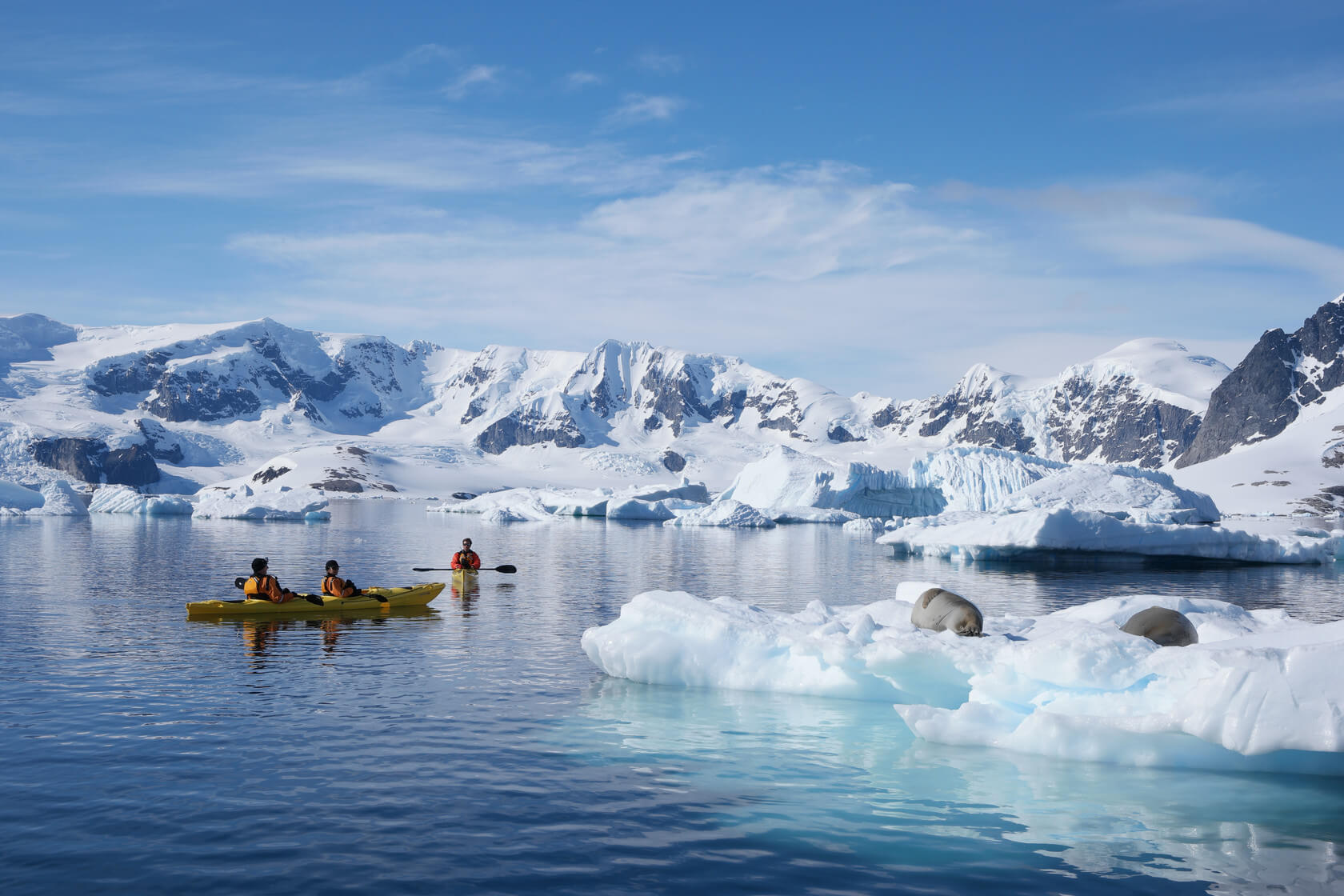 People kayak around icebergs in Antarctica