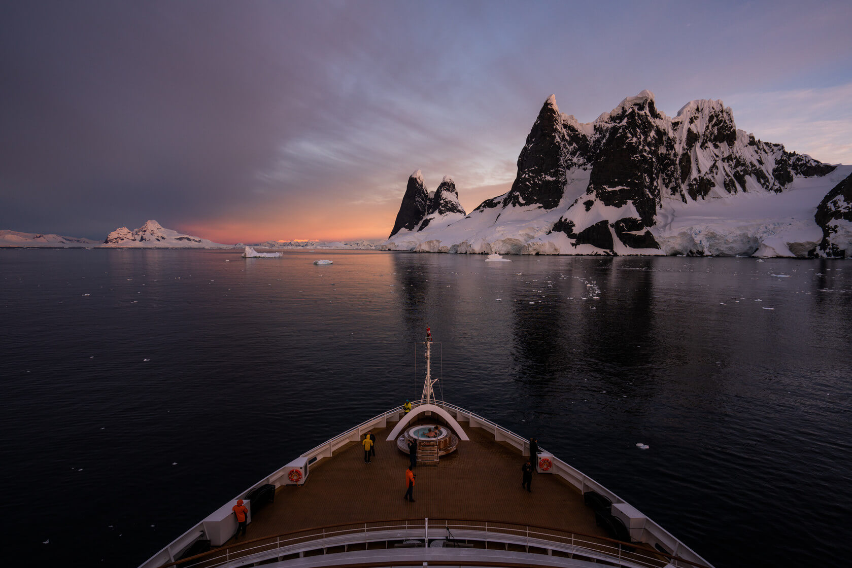Quest, ship, Antarctica, sunset, water, iceberg