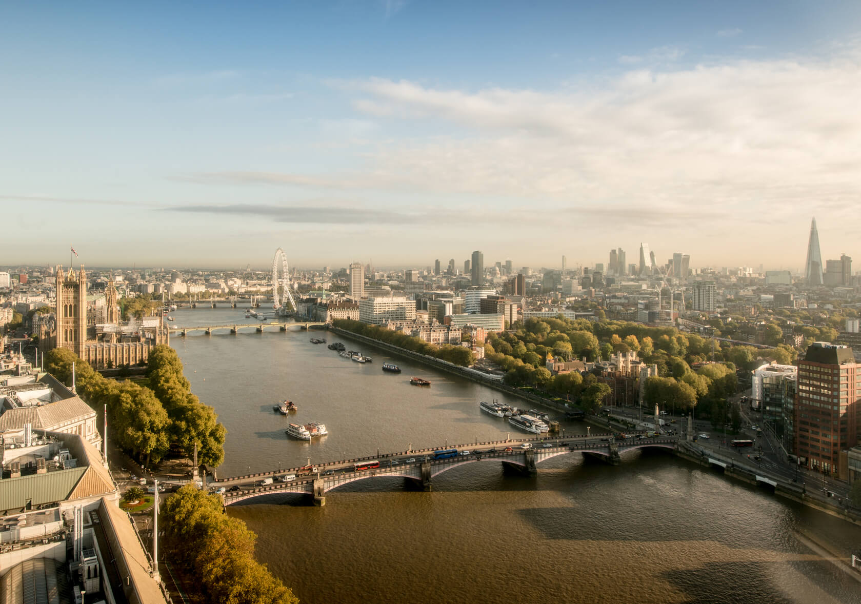 An overarching shot of London overlooking the River Thames and downtown London
