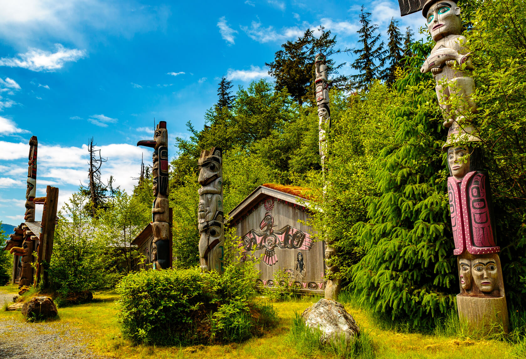 Native American Totems and Clan Houses located at Totem Bight State Historic Site, Ketchikan, Alaska